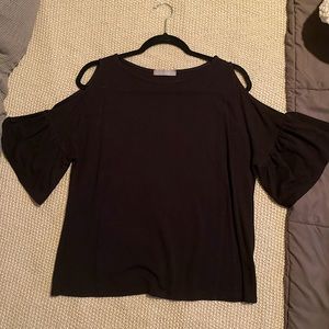 Black cold shoulder top with ruffled sleeve detail